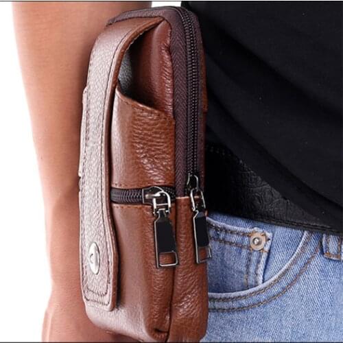 Retro Men Genuine Leather Waist Bag with Hook Multifunction Phone Bag Car Key Case Shoulder Bag Key Holder Zipper Pouch