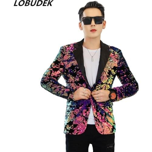 Men Flipping sequins Pink Suit Jackets Glittering paillette Blazers Coat Nightclub Singer Vocal Concert Stage Costume Host Show
