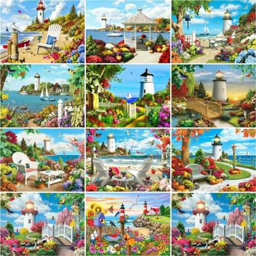 HUACAN Diamond Painting Kits Summer Landscape Mosaic Lighthouse Embroidery Cross Stitch Wall Art Bedroom Decoration