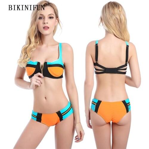 New Sexy Front Zipper Bikini Women Swimsuit Solid Patchwork Bathing Suit S-L Girl Backless Padded Swimwear Micro Bikini Set