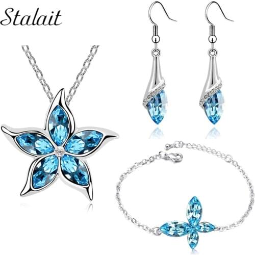 NEW Silver Color Austrian Crystal Sea Star Pendant Necklace Earrings Butterfly Bracelet Jewelry Sets For Valentines Day