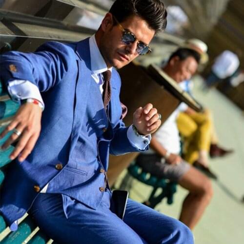 ANNIEBRITNEY Blue 3 Piece Slim Fit Men Fashion Suit Cutsom Groom Wedding Tuxedo Prom Wedding Tailor Made Men Suit With Pants