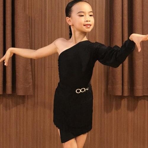 Latin Clothes Kids Dresses For Girl Latino Performance Costume American Clothing Salsa Dress Fringe Black Latin Dance Skirt 4194