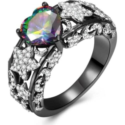 Hollow Heart Shape Rings for Women Colorful Zircon Black Rings Stars and Moon Wedding Engagement Party Jewelry Full Drill Ring