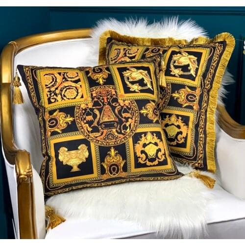50x50cm luxury retro American printed black gold tassel cushion cover fringe pillow case bed backrest square pillow cover