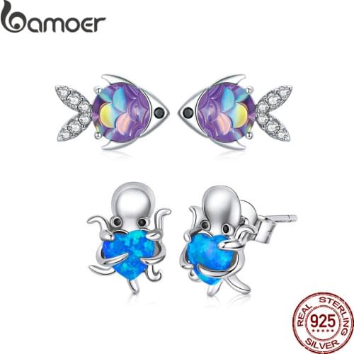 BAMOER Silver Fish Stud Earrings 100% 925 Sterling Silver Happy Tropical Litte Fish Earring for Women Fashion Jewelry SCE1028