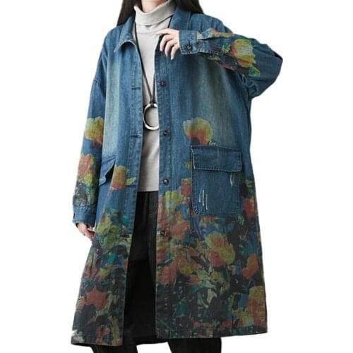 New Autumn Fashion Korean Designer Vintage Trench Coats Womens Printed Denim Windbreakers Casual Loose Long Clothes Outerwear