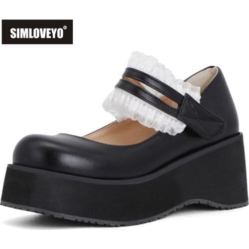 SIMLOVEYO Mary Jane Shoes for Women Spring Round Toe Chunky Hook&Loop Pumps Flower Sweet Cute Thick Bottom Lolita Shoes C2387