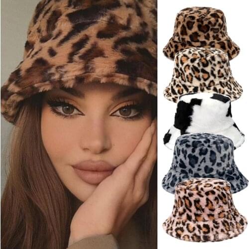 DT052 Winter Cow Leopard Print Faux Fur Plush Bucket Hats For Women Outdoor Warm Hat Soft Velvet Fisherman Cap Fashion Panama