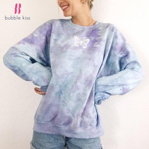 Sweatshirt Women 2021 Tie Dye Hoodie Round Neck Long Sleeve Butterfly Print Oversized Streetwear Pullover Tops