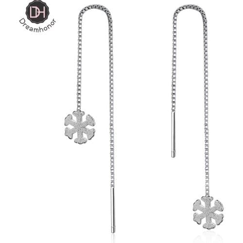 Dreamhonor Sweet Brushed Snowflake Long Ear Chain 925 Sterling Silver Drop Earrings Simple Fashion Wedding Jewelry Accessories