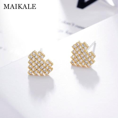 MAIKALE Trendy Heart Shape Stud Earrings for Women Paved AAA Zirconia Gold Silver Color Small Ear Studs Charm Jewelry Girls Gift
