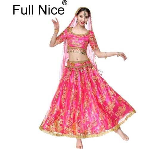 Sari Dancewear Women Belly Dance Clothing Set Indian Dance Costumes Bollywood Dress(Top+belt+skirt+headpiece)