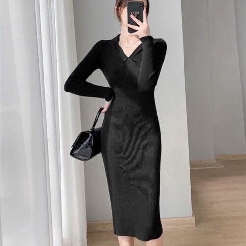 Fall Winter New Women Long Sleeve Knitted Sexy Bodycon Dress Ladies Clothing V-Neck Casual Vintage Elegant Midi Sweater Dresses