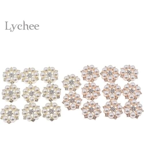 Lychee Life 10pcs Simulated Pearl Buttons Crystal Rhinestone Flower Design Button DIY Sewing Supplies For Garments