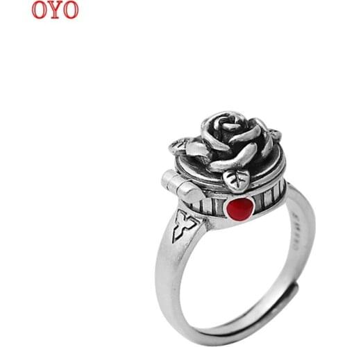 100% s999 silver jewelry Gawu box ring, Thai silver distressed open womens rose index finger ring