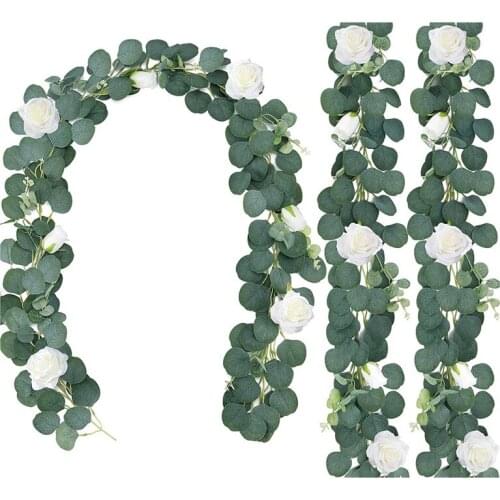3Pcs 6.5Foot Artificial Eucalyptus Garland With Flower,Faux Silk Eucalyptus Greenery Leaf Hanging Vine For Wedding Decor