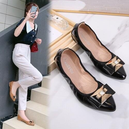 Japanned Leather foldable ballet shoes women loafers soft bottom moccasins metal buckle bow-tie roll-up flats plus size 36-45