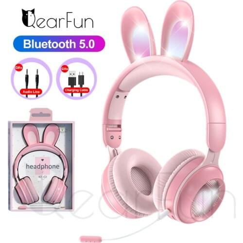 Cute Rabbits Girls Wireless Headphones with Mic, RGB LED Stereo Music Bluetooth Earphones, Children Phone Gaming Headset Gamer