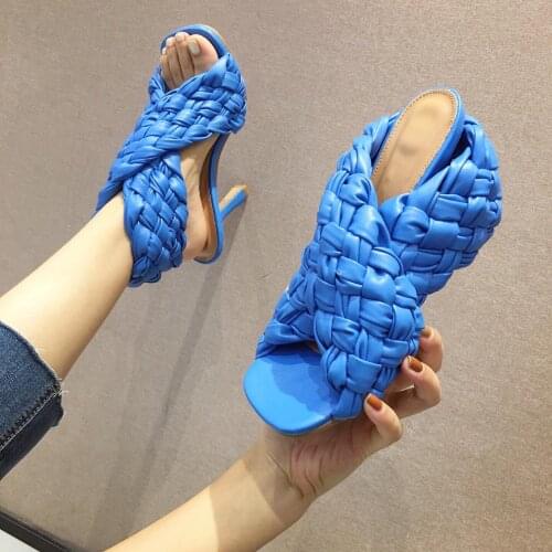 New Summer Woman Sandals White Blue Square head Rome High Heel Shoes Fashion Silk Fashion Party Sandals Woman Formal Shoes