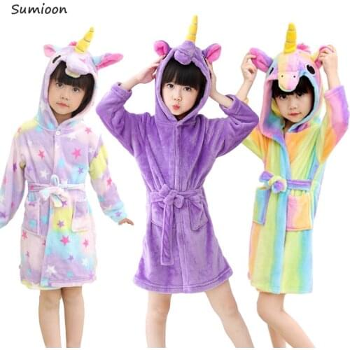 Kids Colar Fleece Unicorn Hooded Bathrobe Childrens Dressing Gown Bath Robe Kigurumi Animal Sleepwear For Girls Boys Pyjamas