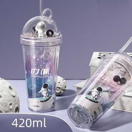 420ml Double Layers Water Bottle with Straw Space Astronaut Doll Gradient Illusion Cute Cool Coffee Mug Drinking Cup Leakproof