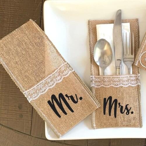Burlap Cutlery Bag Mr Mrs bride groom Couples Rustic country garden Wedding bridal shower Anniversary Table Sign Decoration gift