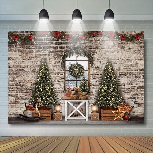 Christmas Brick Wall Backdrop Photography Christmas Tree Toy bears Backdrop Fantasy Toy Horse Wreath Decorations Photobooth