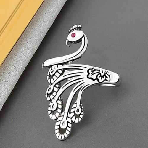 Hot Sale New Style Retro Thai Silver Color Peacock Phoenix Snake Opening Adjustable Ring Accessories Female Strange Thing Viking