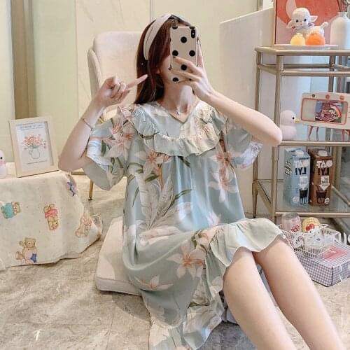 Korean Version of Fat MM Plus Size Cotton Silk Nightdress Female Summer Woven Viscose Floral Pajamas Girl Suspender Sexy Skirt