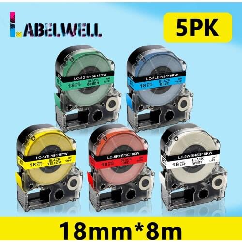 Labelwell 5PK SS18KW LC-5WBN 18mm Label Tapes compatible for Epson/KingJim Label Cassette SC18RW SC18BW SC18YW SC18GW for LW-400