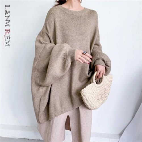 LANMREM 2021 Autumn New Fashion Solid Color Round Neck Pullover Bat Sleeve Long Knit Sweater Women PB615