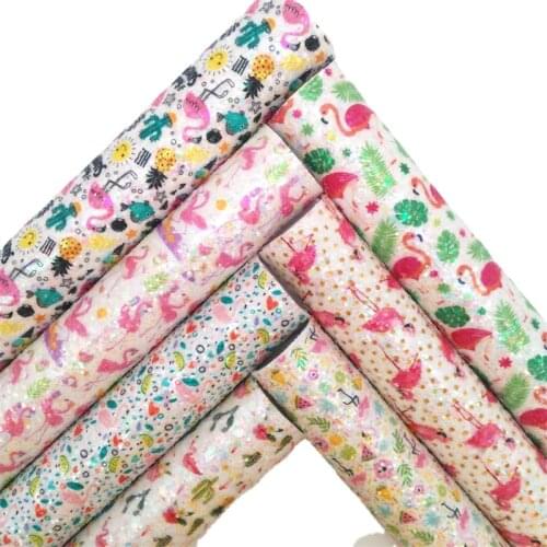 Flamingos Printed Chunky Glitter Faux Vinyl Fabric with Felt Backing Glitter Sheets For Earrings Bows DIY 21X29CM GM2182A