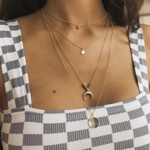 Multi-layer Gold Color Horn Circle Moon Pendant Necklace For Women Bohemian Metal Crescent Layered Necklaces Christmas Gift