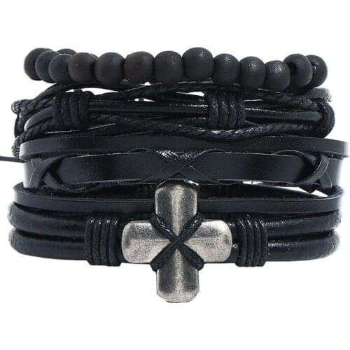 Fashion Black Men Jewelry Cross Beads Charm Leather Cuff Bracelets Set Adjustable Rope Bangle Wrap Vintage Women Wristbands Gift