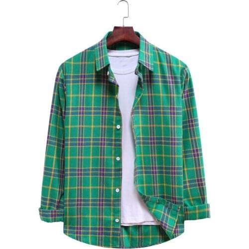 2021 Casual Green Plaid Shirt Long Sleeve Button Up Shirts Slim Fit Brand Checked Shirt Men Flannel Plaid Shirt Dress