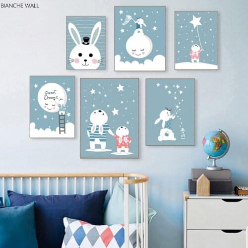 Blue Theme Wall Art Canvas Poster Nursery Quotes Cartoon Animal Rabbit Print Painting Decorative Picture Nordic Kid Baby Decor