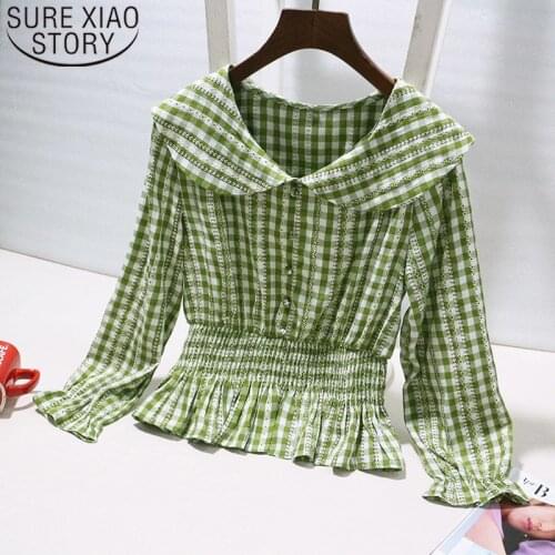 2021 Spring New Sweet Hipster Plaid Doll Collar All-match Shirt Long Sleeve High Waist Slim Ruffles Upper Garment Women 8928 50