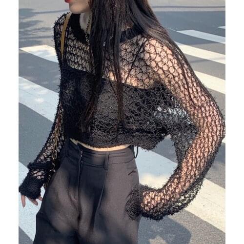 Autumn new style Korean loose hollow out black long-sleeved knitted short T-shirt