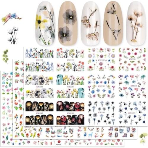 12 pieces water nail decals decal black flowers leaf transfer Nail Art decorations slider manicure watermark leaf tips