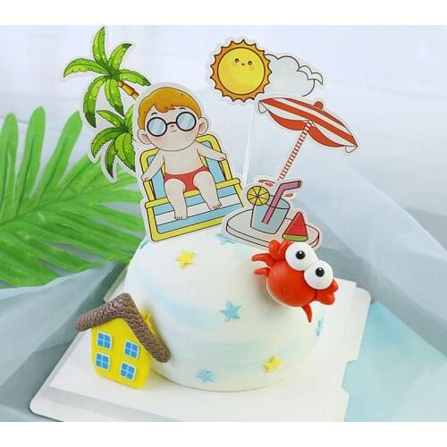 Beach Swimming boy Sun Drinks Crab Happy Birthday Cake Topper Dessert Letter Decoration for Childrens Day Party Lovely Gifts