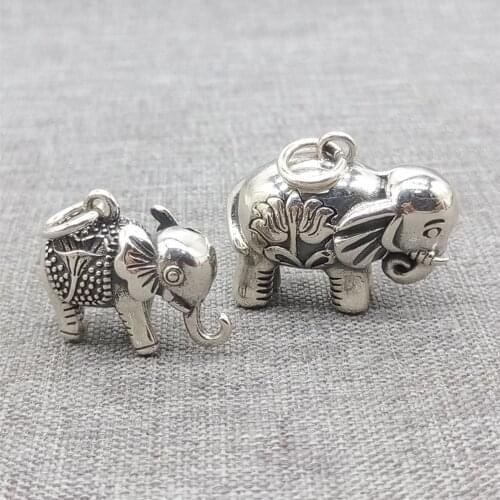 925 Sterling Silver Elephant Charm 3D w/ Lotus Pattern for Necklace Bracelet