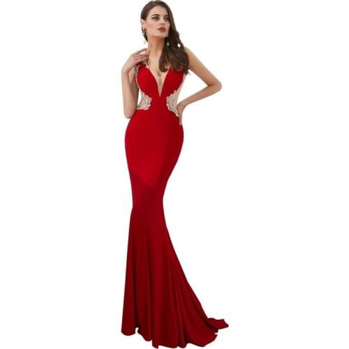 Luxury V-Neck Sleeveless Appliques Red Satin Mermaid Party Dress Evening Dress Robe de soiree Fishtail Vestido de noche 66311
