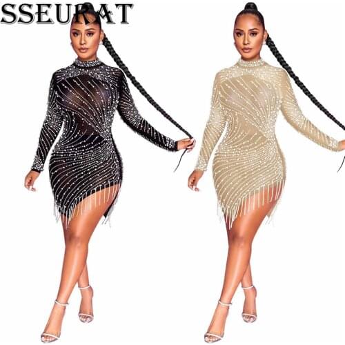 SSEURAT Summer See-through Mesh Diamonds Dress Women Sexy Slim Elastic Mini Dresses Tassel Lady Club Party Night Outfit