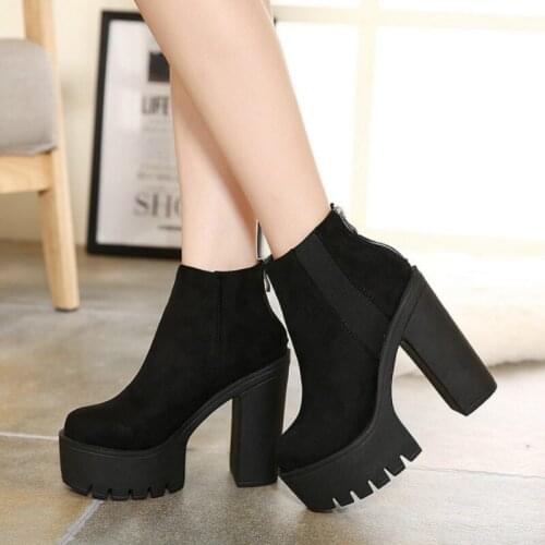 Dropshipping Fashion Black Ankle Boots Women Thick Heels Spring Autumn Flock Platform Shoes High Heels Black Zipper Ladies Boots