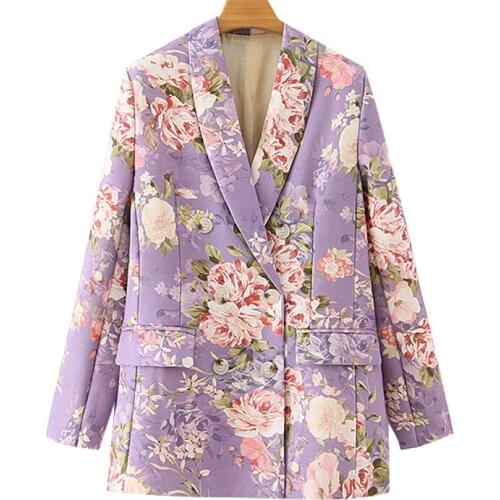 Women 2020 Fashion Double Breasted Floral Print Blazer Coat Vintage Long Sleeve Pockets Female Outerwear Chic Tops Blazers Zaing