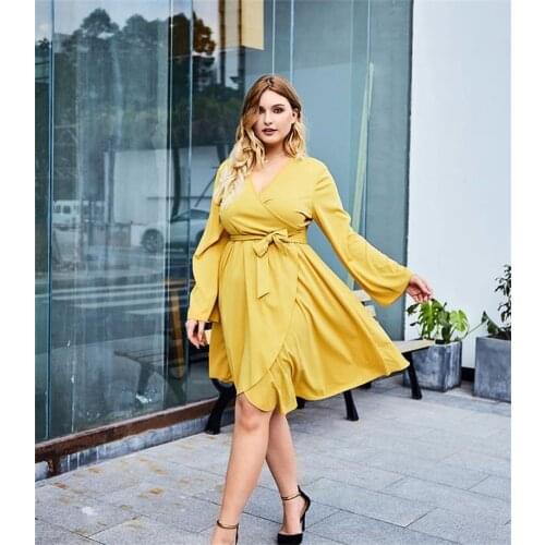 Elegant Dress Plus Size 4XL Pure Yellow Pattern V Neck High Waist Tie Womens Clothing Street Shot Lrregular Long Sleeve Sexy