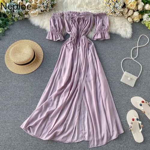 Neploe Chic Sexy Bandeau Lace Up Long Holiday Dress High Waist Hip Split Design A Line Vestido Puff Short Sleeve Purple Ropa