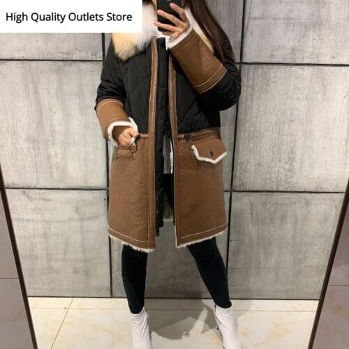 Ladies suede coat women lamb suede leather coat shearling coat splicated with down coat
