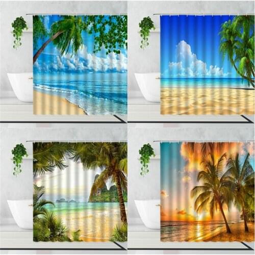 3D Summer Beach Scenery Shower Curtain Blue Sea Green Plants Palm Trees Home Decor Background Waterproof Bath Curtains With Hook